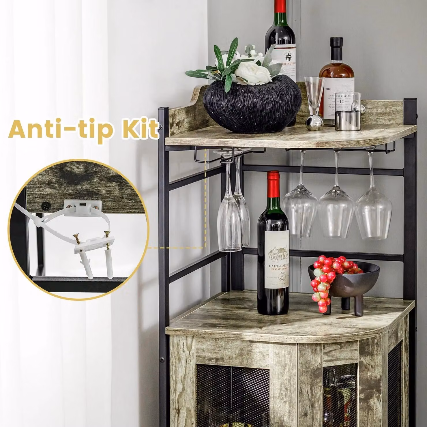 Costway Industrial Kitchen Corner Bar Cabinet with Glass Doors in Brown – 7