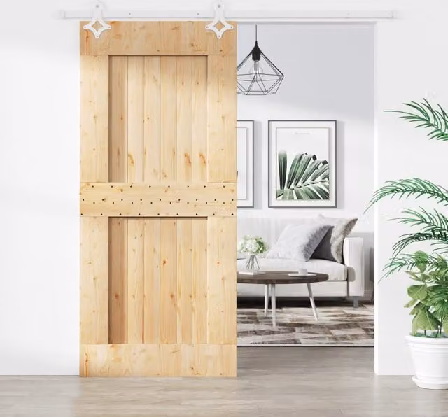 Berkfield Home Rustic Solid Wood Pine Sliding Door with Hardware Set, Brown, W: 90 cm, H: 210 cm
