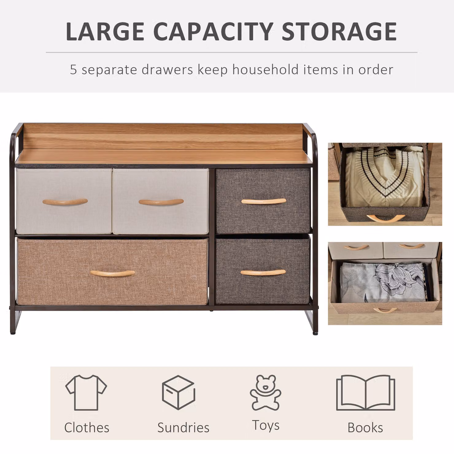HOMCOM 5-Drawer Fabric Dresser with Wooden Top and Metal Frame in Slate Grey – 4