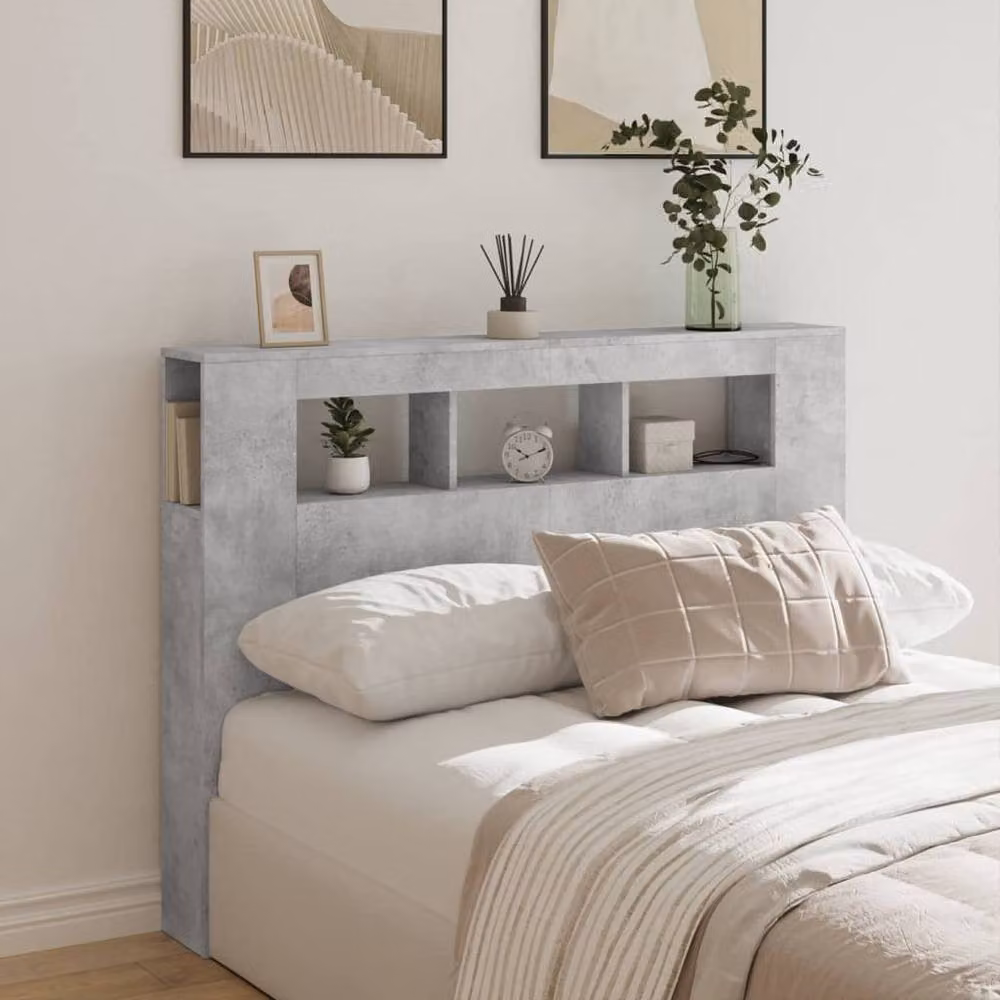 Berkfield Home LED Headboard in Concrete Grey with Integrated Lighting, Shelf and USB Charging Port, W/D/H: 140 x 18.5 x 103.5 cm – 2