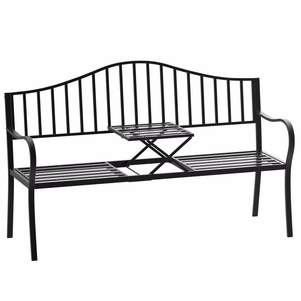 Wyld Haus Modern Metal Garden Bench with Integrated Centre Table in Matt Black, Width: 150 cm – 2