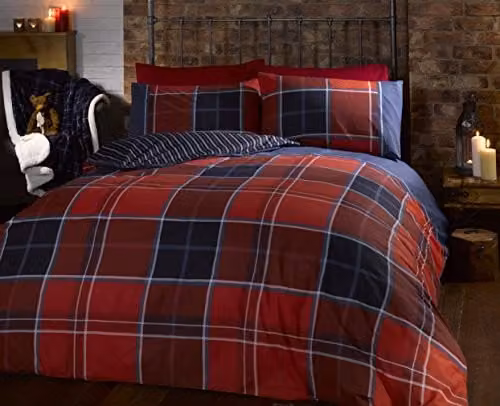 Rapport Home Argyle Red Tartan Check Reversible Polycotton King Size Duvet Cover and 2 Pillowcase Set, W/D/H: 180 x 200 cm, Pillowcases: 50 x 75 cm – 1