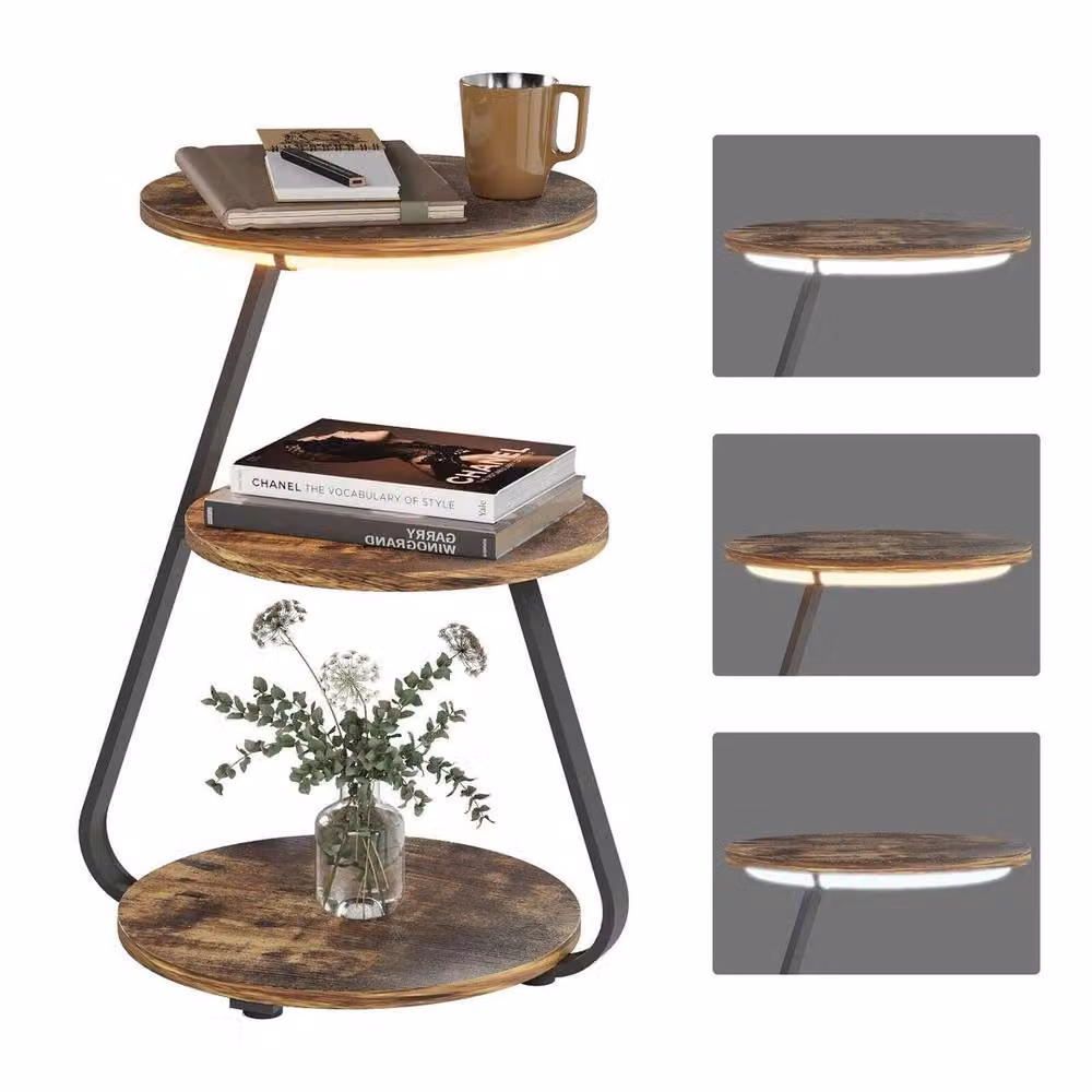 SPETLEK 3 Tier Round Small Sofa Side Table with LED Light in Brown – 3