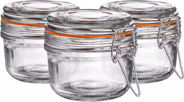 Argon Tableware Transparent Glass Storage Jars with Orange Clip Seal, 125 ml, Pack of 6