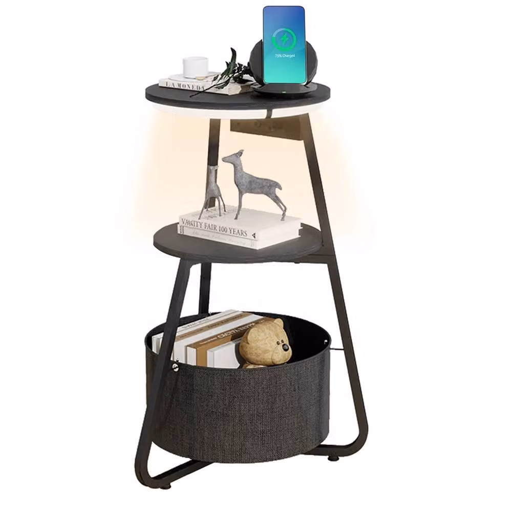 VOGREX Modern Round LED Light Storage Side Table with Charging Station in Black – 3
