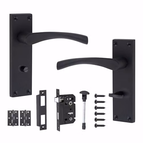 Golden Grace Victorian Scroll Door Handles with Bathroom Lock, Matt Black – 1