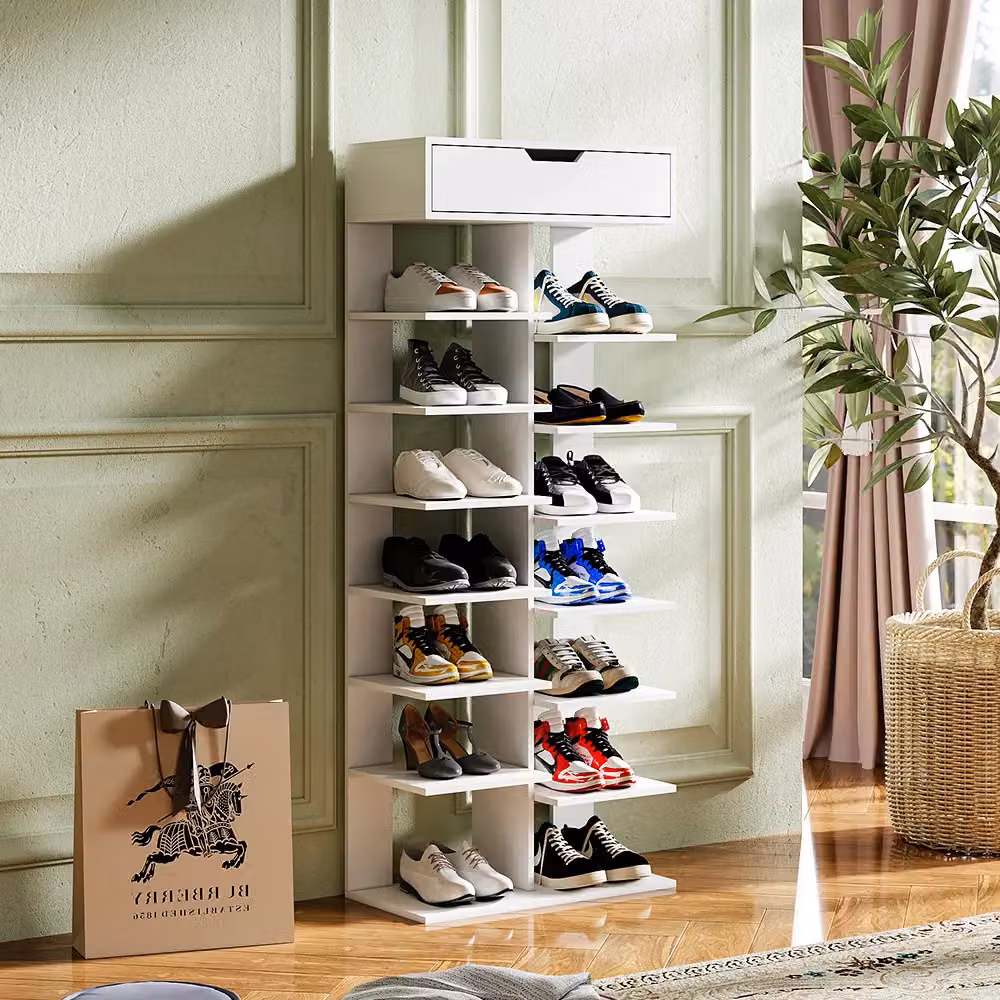 Living and Home 8-Tier Open Space Saving Shoe Rack with Drawer in White – 4