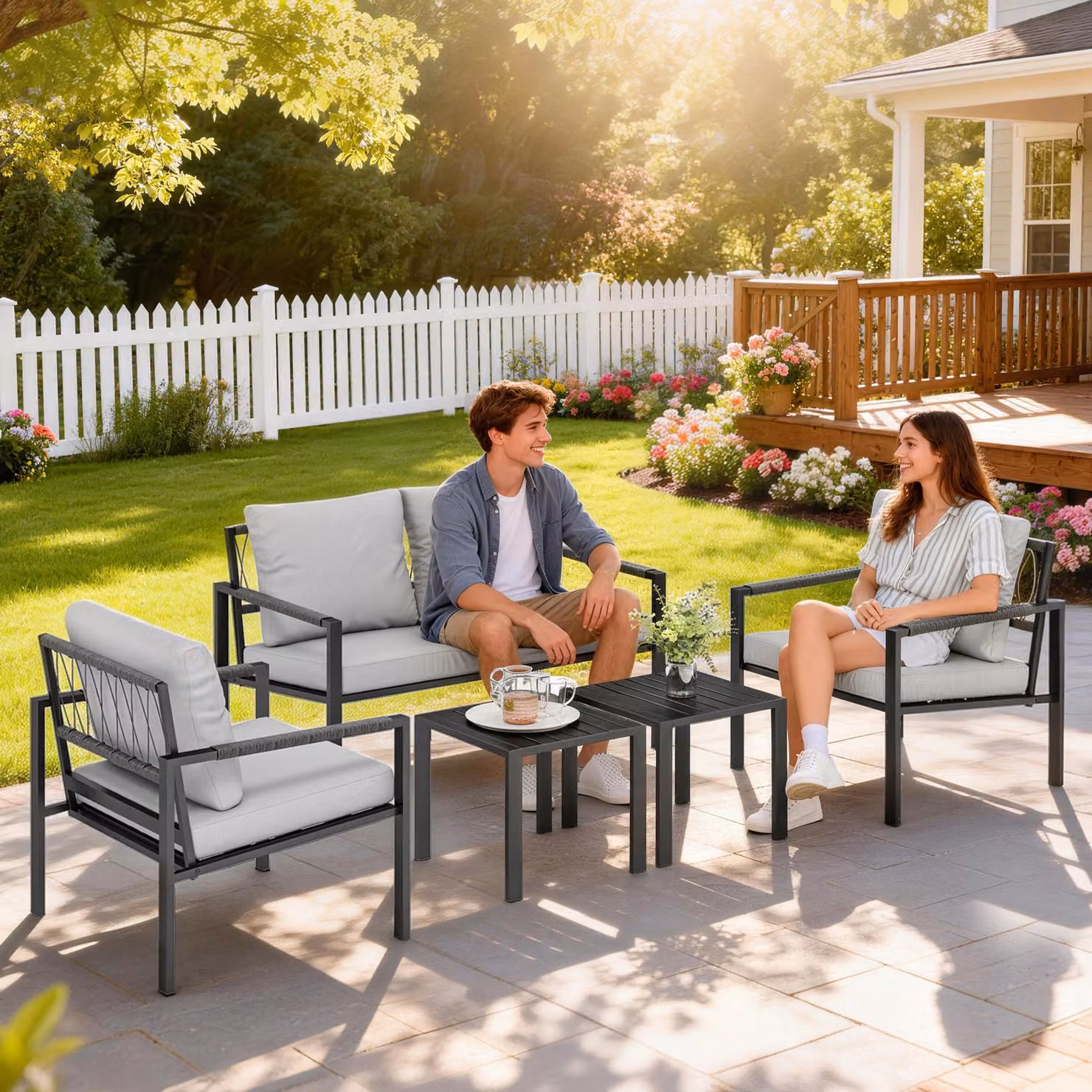 Outsunny 5 Piece Metal Garden Furniture Set in Grey with Upholstered Cushions, 2 Seater Sofa, 2 Armchairs and 2 Coffee Tables – 2