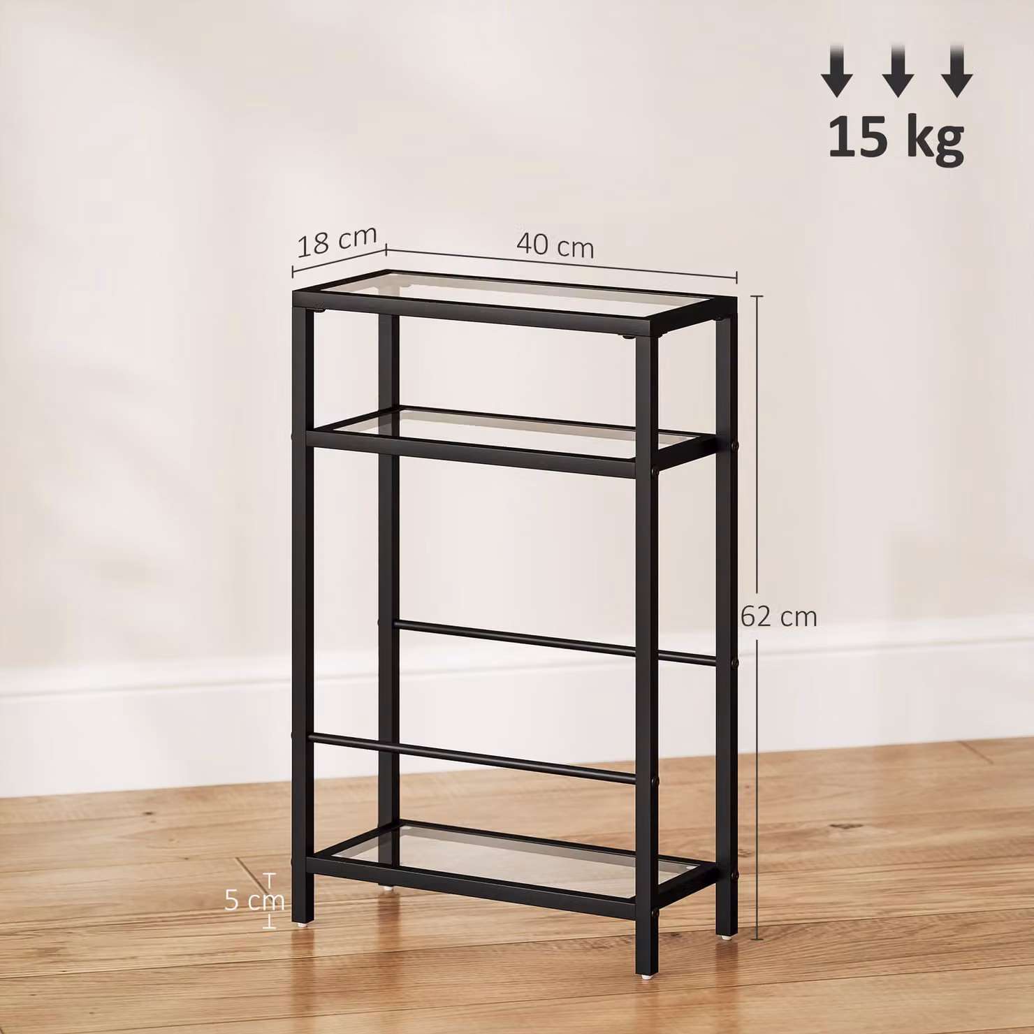 HOMCOM 3-Tier Black Side Table with Tempered Glass Tabletop and Storage Shelf – 3