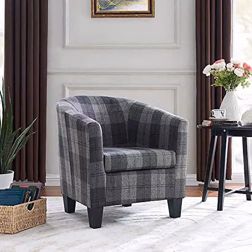 Home Detail Canberra Grey Checked Tub Chair with Armrests and Wooden Legs – 2