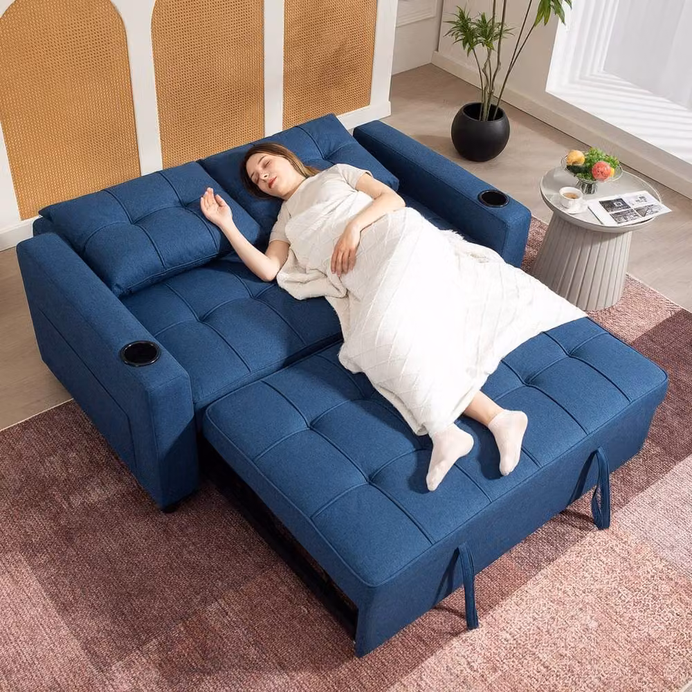 Wyld Haus Mizifi 2 Seater Pull Out Sofa Bed in Blue with Cup Holders and Foam Upholstery, W/D/H: 157 x 190 x 91 cm – 8