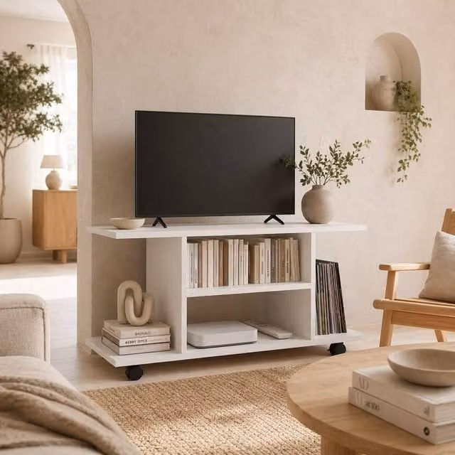 Wyld Haus Vireli Miri White Mobile TV Storage Unit with 3 Tier Shelves and Wheels, W: 80 cm, D: 40 cm