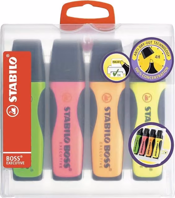 STABILO BOSS EXECUTIVE Chisel Tip Highlighter Pack of 4 in Multicolour Neon Pink, Yellow, Orange and Green