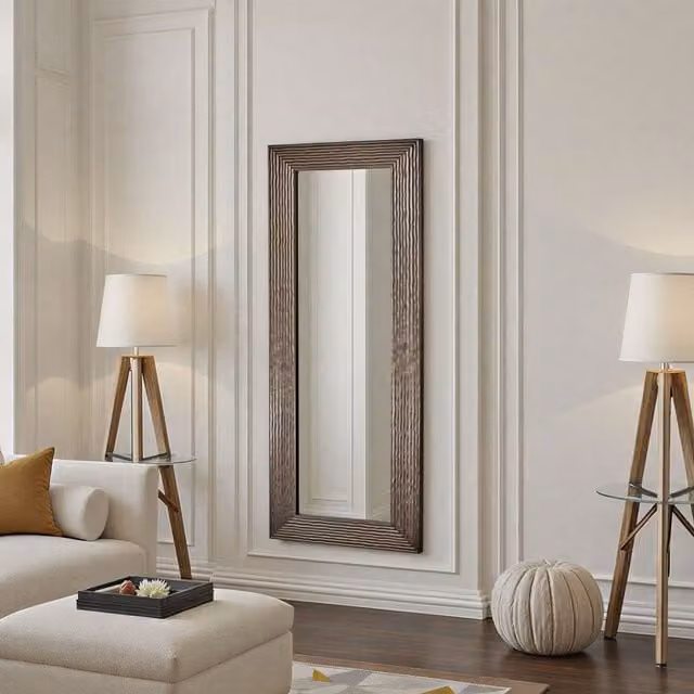 Yearn Wave Tall Framed Bevelled Rectangular Wall Mirror in Bronze