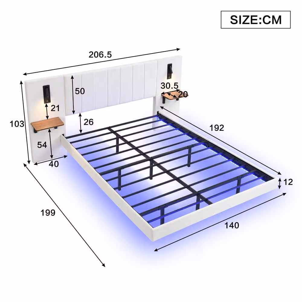 BTM White Velvet Double Bed with USB Charging, Storage Headboard and Bedside Lamps, W/D/H: 140 x 200 cm – 5