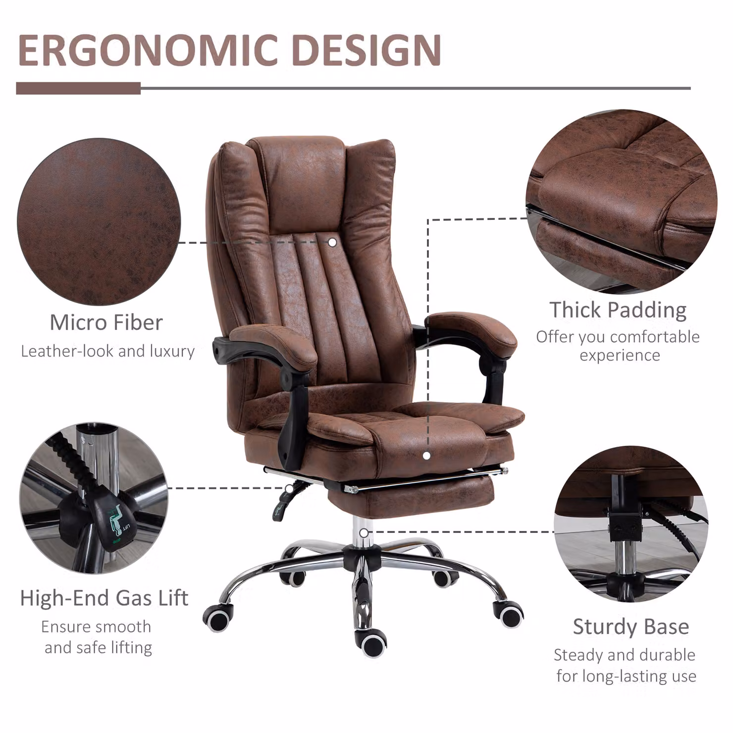 Vinsetto Ergonomic Office Chair in Brown with Footrest, Armrests and Reclining Function – 5