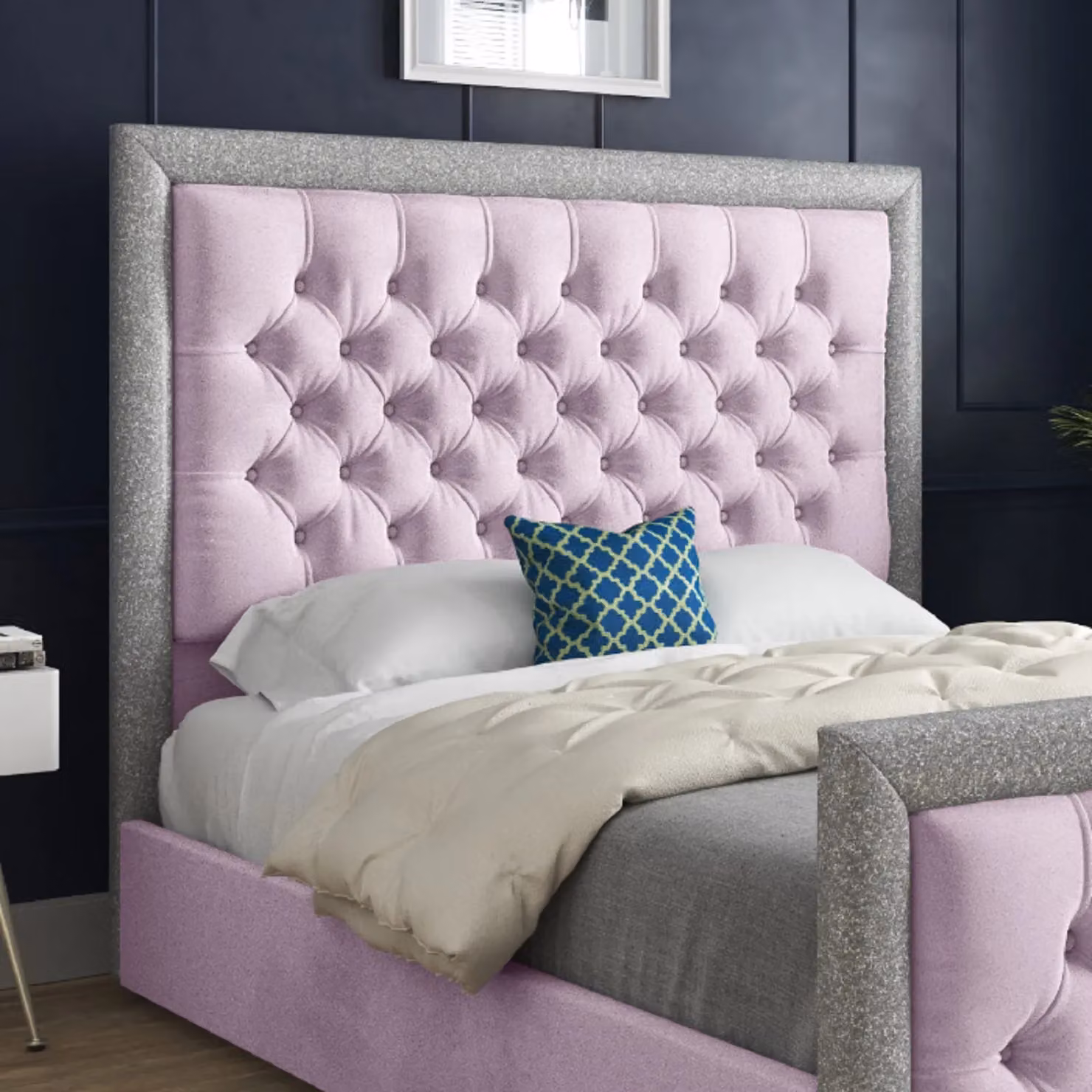 KDMD Venice Glitter Border Upholstered Soft Velvet Pink Bed Frame, W/D/H: 100 x 200 x 137 cm – 2