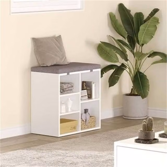 VOGREX 3-Tier Shoe Bench with 5 Cubbies and Removable Fabric Cushion in White