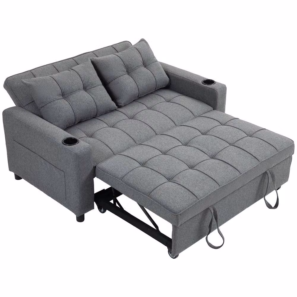 STILVORA 2 Seater Pull-Out Sofa Bed in Grey Fabric with Adjustable Headrest and Cup Holders – 3
