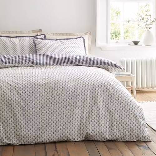 Bianca Amelie Single Reversible Cotton Percale Duvet Cover and Pillowcase Set, Blue, Duvet Cover: 135 x 200 cm, Pillowcase: 50 x 75 cm