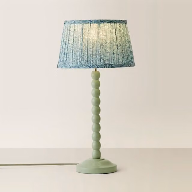 ValueLights Bobbins Pastel Table Lamp with Pleated Fabric Shade in Green and Blue with Wood Base