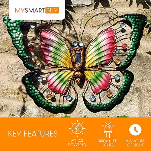 mysmartbuy Butterfly Solar Powered Light Decoration, Multicoloured Metal and Glass Outdoor Garden Hanging Ornament, H: 40 cm, W: 57 cm – 5