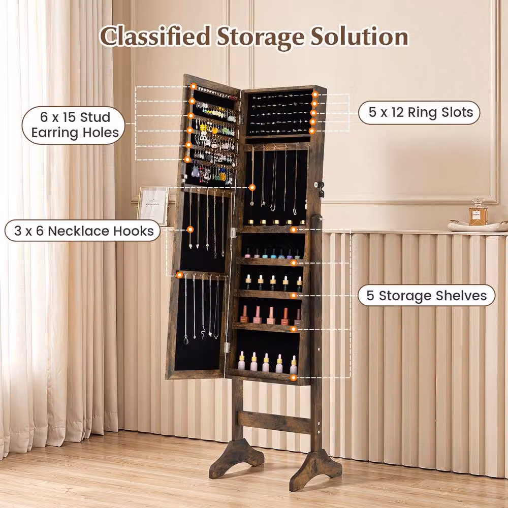 Costway Freestanding Jewelry Armoire Cabinet with Full Length Mirror in Brown – 6