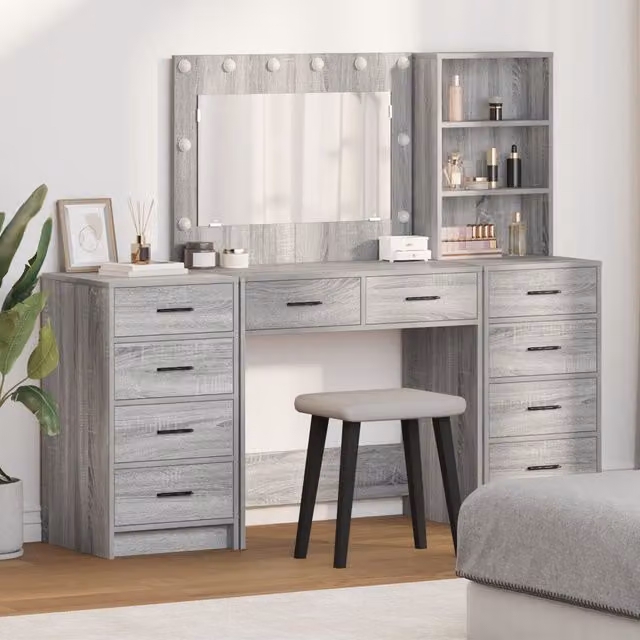 Berkfield Home 3 Piece Modern Dressing Table Set with LED Mirror in Grey Sonoma Matt MDF