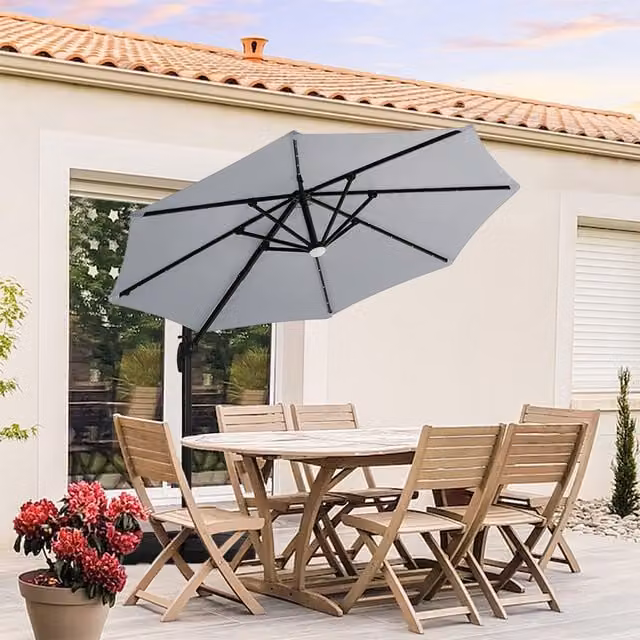 Livingandhome Grey Cantilever Garden Parasol with Solar-Powered LED Lights