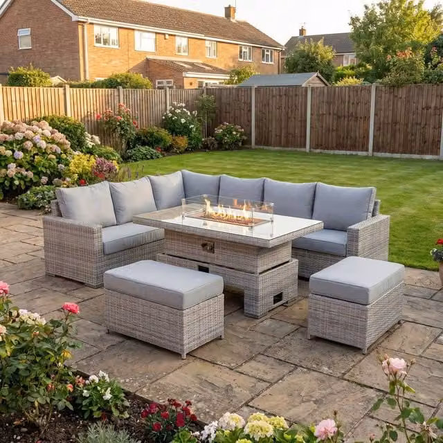 DS Living Large Corner Rattan Dining Set with Rising Firepit Table in Grey (Right Hand) – 1