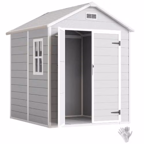 Outsunny Grey Resin Garden Shed with Double Doors, Window, Floor and Side Vents, W/D/H: 182 x 151 x 219 cm – 1