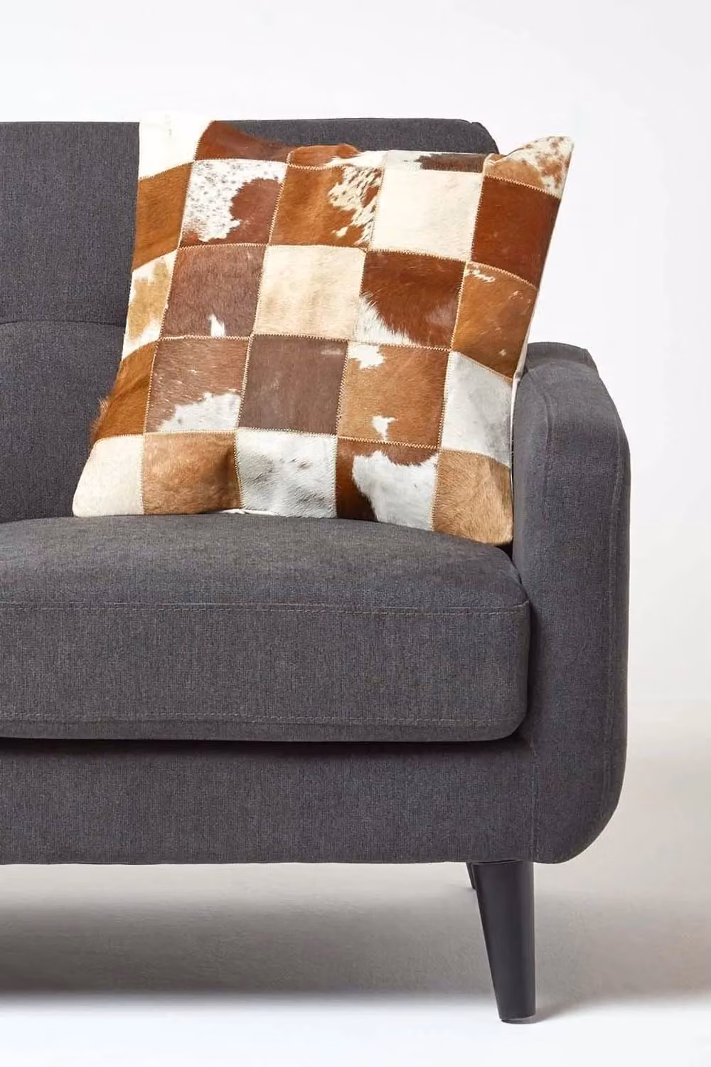Homescapes Beige and Brown Checked Square Cushion with Leather and Goat Hair and Feather Filling, W/D/H: 45 x 45 x 45 cm – 2