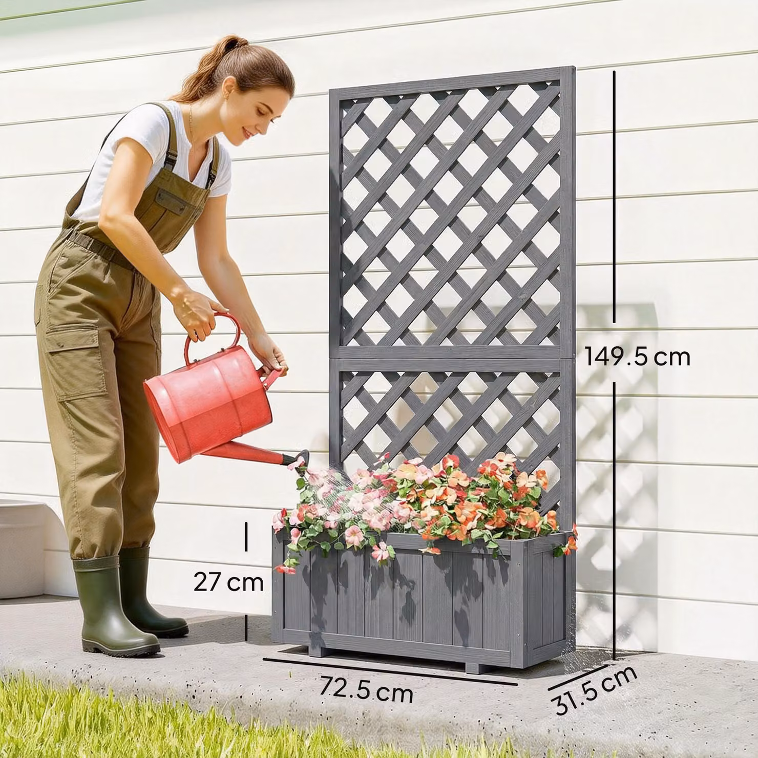 Outsunny Grey Wooden Raised Bed Planter with Trellis for Climbing Plants, Herbs and Flowers, W/D/H: 149.5 x 72.5 x 31.5 cm – 3