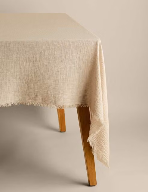 M&S Pure Cotton Muslin Tablecloth in Natural Beige with Frayed Edges