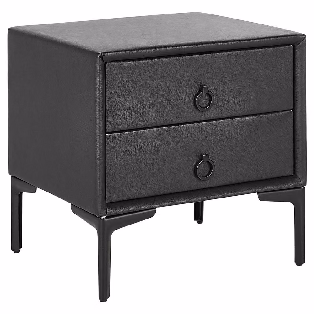 Wyld and Coco Black PU Leather Two Drawer Bedside Table, W: 44 cm, D: 38 cm, H: 44 cm – 2