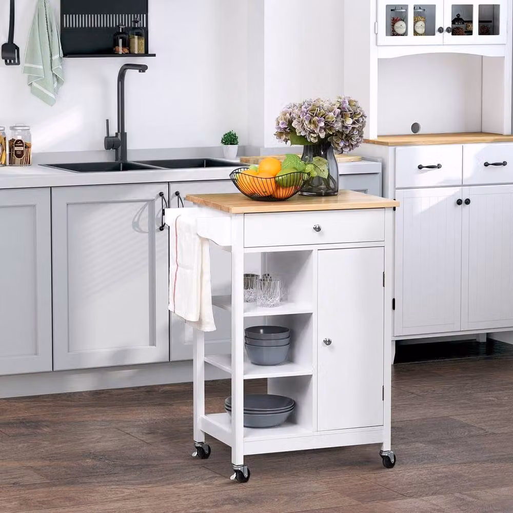 Wyld Haus Yota Mobile Kitchen Island Trolley in White MDF with Natural Rubberwood Top, H 86.5 x W 66.0 x D 39.5 cm – 3