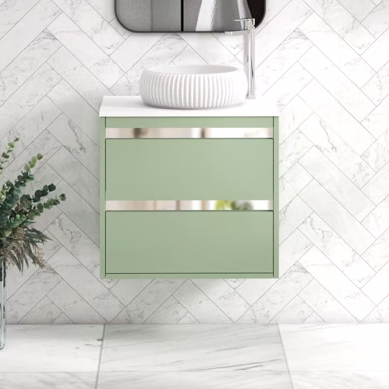 Royal Bathrooms Orion 600mm Mint Sage Wall Hung Vanity Unit with Milan Basin and 2 Drawers in Plain White and Chrome Accent Trim