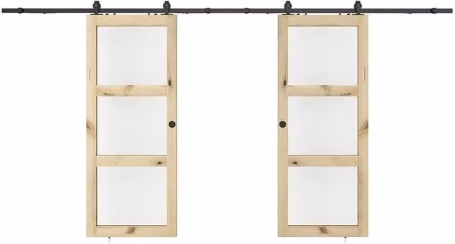 Vente-unique Double Sliding Door with Surface-Mounted System in Light Oak Wood and Tempered Glass