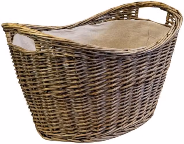 Four Candle Grey and Brown Willow Oval Scooped Log Basket with Hessian Liner and Handles – 1