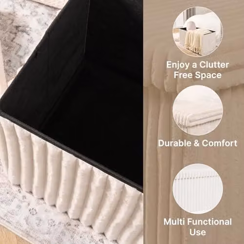 OHS Modern Cream Ribbed Rectangle Storage Ottoman with Lid – 3