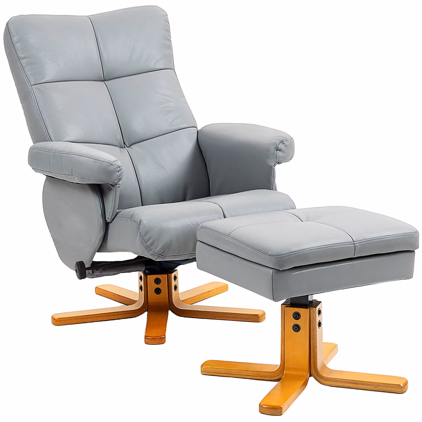 HOMCOM Recliner Chair and Footstool Set in Light Grey PU Leather with Solid Wood Base – 2