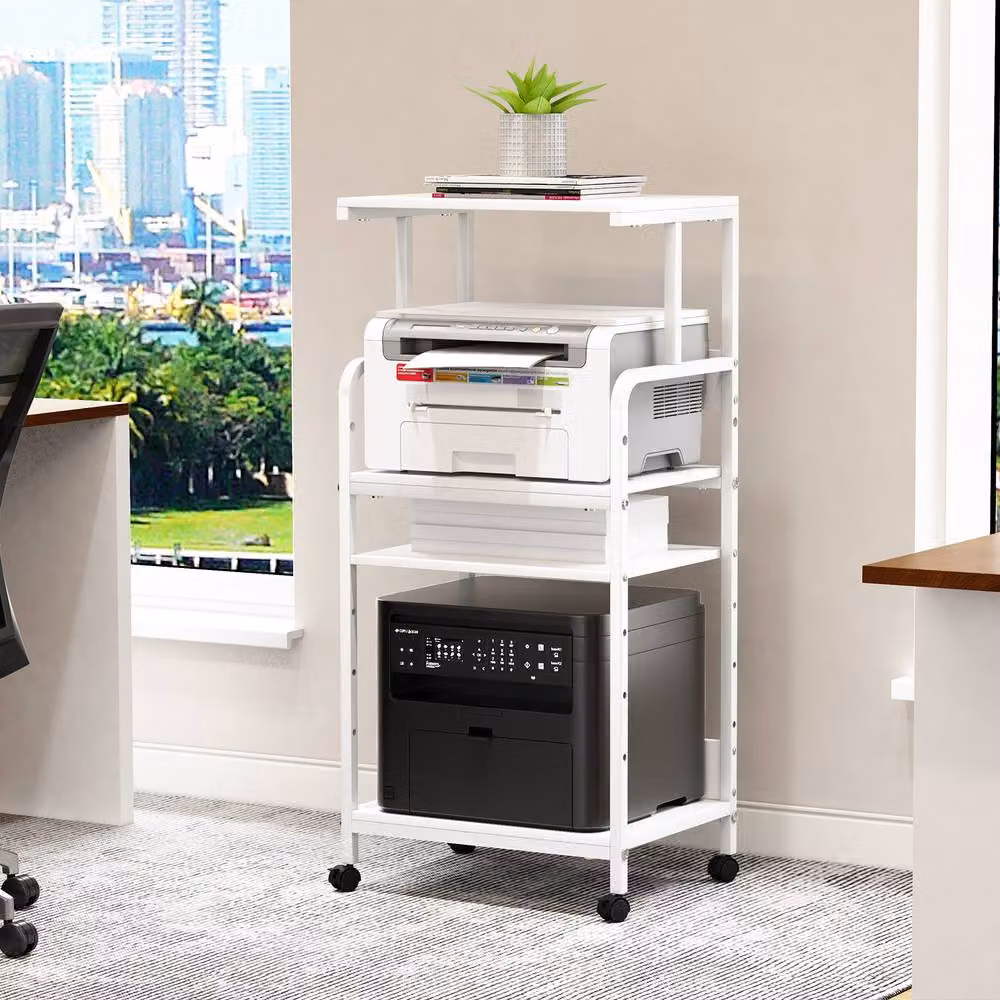 Huhote 4-Tier Printer Stand with Adjustable Storage Shelves and Locking Wheels, White, H 113 x W 40 x D 40 cm – 2