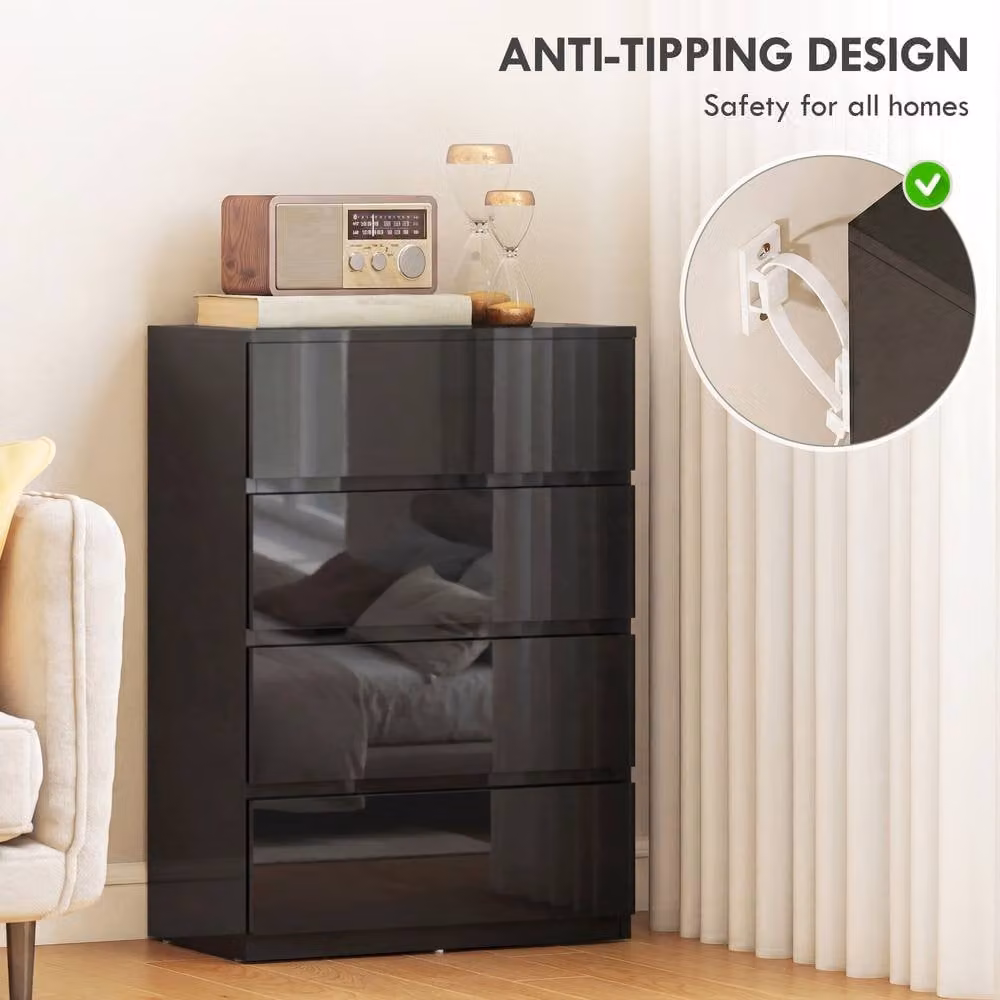 STILVORA Modern Glossy Black Chest of Drawers with 4 Soft-Close Drawers – 6