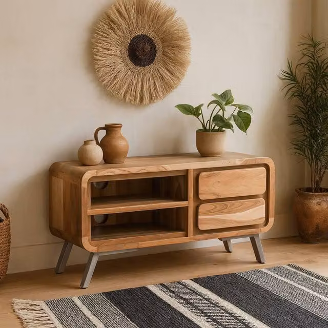 Wyld Haus Los Angeles Industrial Brown Reclaimed Wood and Metal TV Cabinet with 1 Open Shelf and 2 Drawers