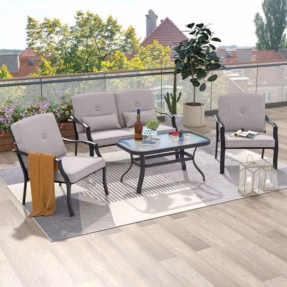 Costway 4 Piece Grey Outdoor Patio Conversation Set with Upholstered Cushions and Metal Frame – 3