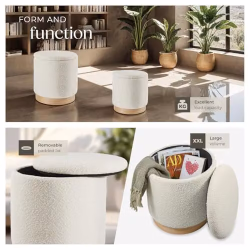 tectake Set of 2 Scandinavian Style Bouclé Fabric Storage Stools in Beige and White, W/D/H: 42 x 38 x 42 cm and 38 x 38 x 42 cm – 3