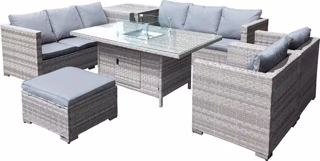 Oseasons Malta XS 9 Seat Rattan Firepit Table Set in Dove Grey