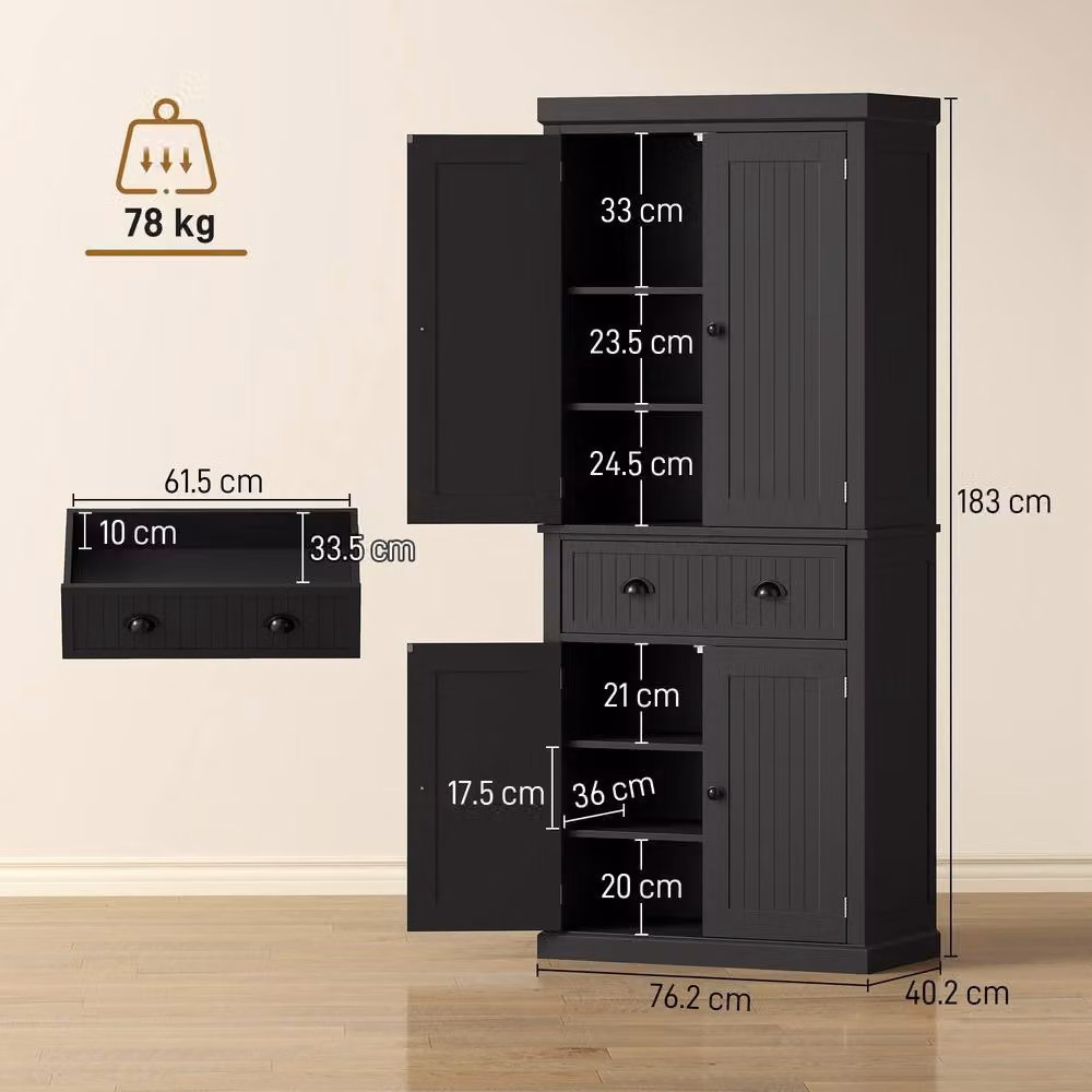 HOMCOM Black Freestanding Kitchen Storage Cabinet with Drawers, Cupboards and Shelves – 3