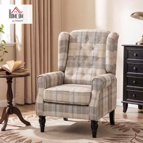 HOMCOM Retro Wingback Accent Chair in Beige Checked Fabric with Solid Wood Frame, W/D/H: 74.0 x 102.0 x 86.0 cm – 3