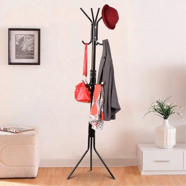 FORGEVIO Black Metal Modern Coat Stand Garment Rack with Matt Finish and Distributed Point Hooks